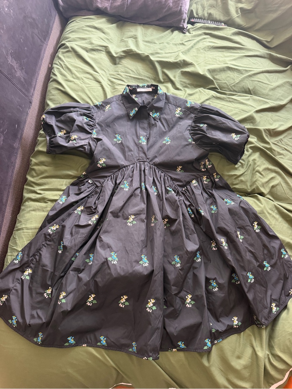 Cecilie Bahnsen Black Floral Puff-Sleeve Midi Dress